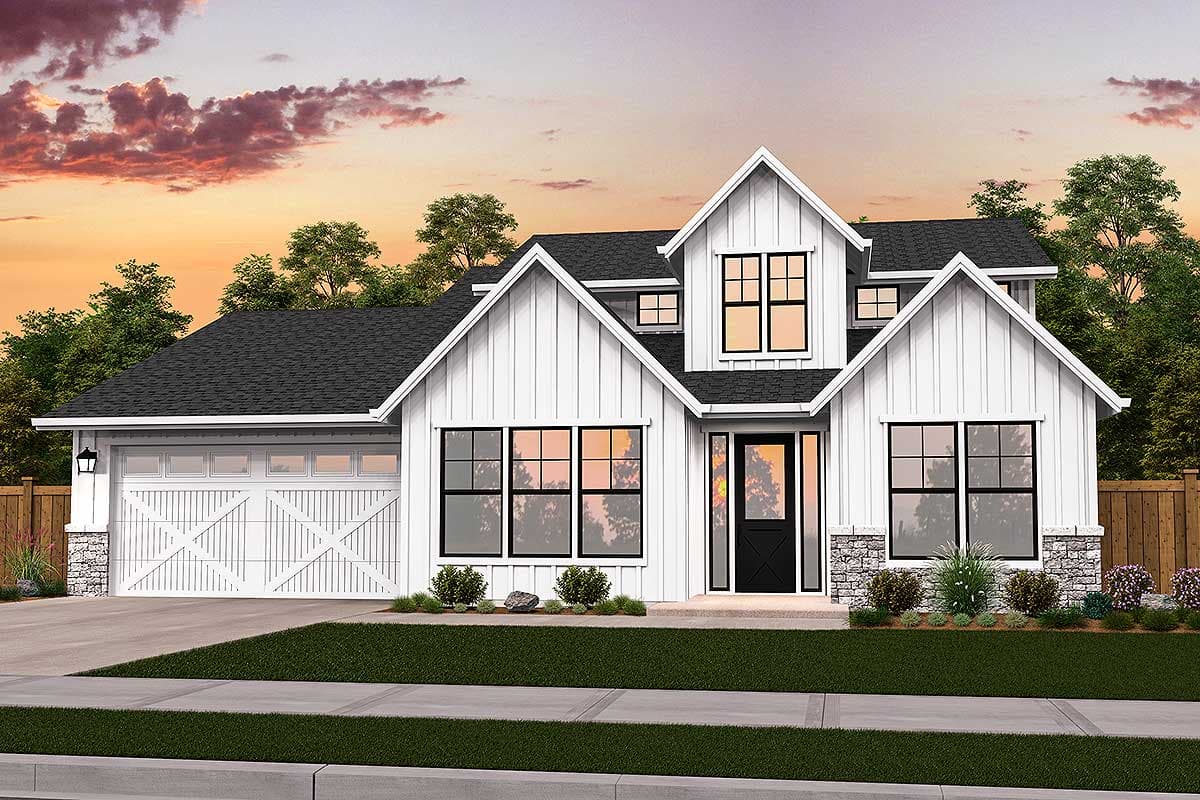 House plan exterior in a farmhouse style. One-story home with a gabled roofline, dormers, and a two-car garage. Features board and batten siding.