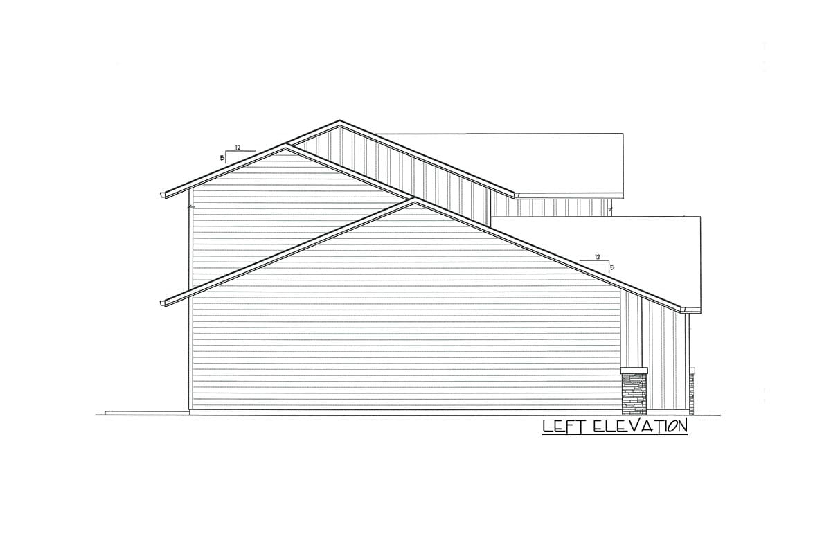 Left elevation of a house plan showing layered gabled rooflines and horizontal siding.