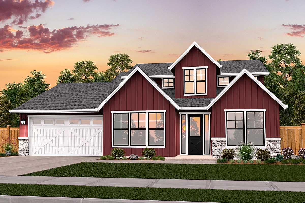 House plan exterior: Modern Farmhouse style with side-entry garage, prominent gables, stone accents, and multi-pane windows.