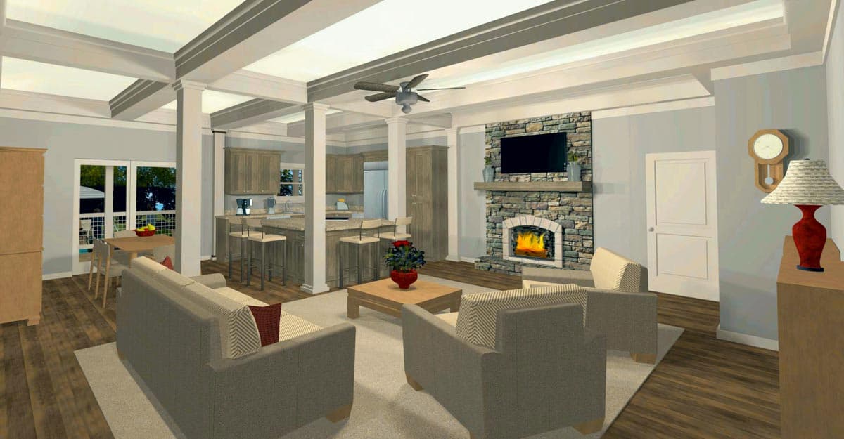 Interior rendering of a great room with a stone fireplace, kitchen island, seating area, and dining space.