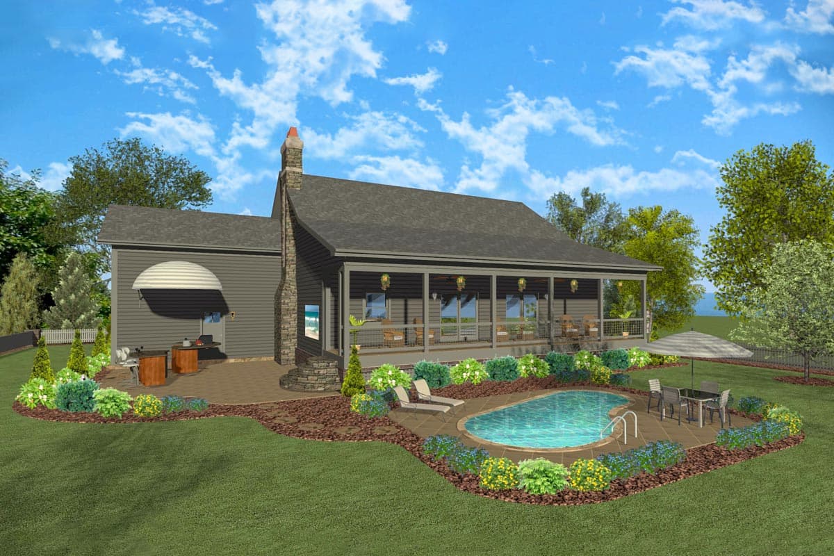 House plan exterior: Ranch style, one story, stone chimney, covered porch with seating, outdoor pool, patio with grill.