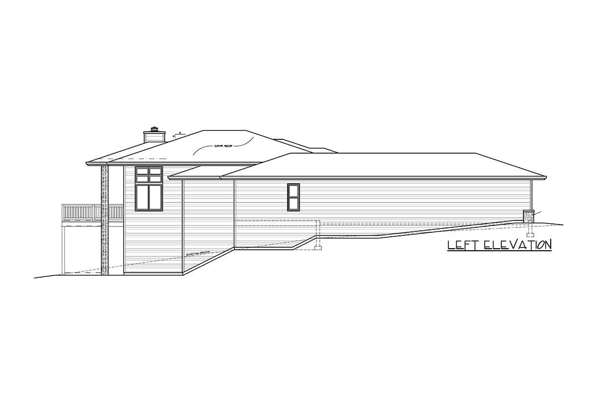 Left elevation drawing of a house plan featuring a composite roof, horizontal siding, and a deck.