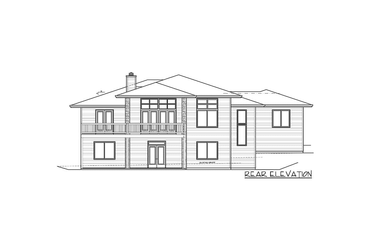 Rear elevation drawing of a multi-level house plan featuring a balcony, multiple window arrangements, and a prominent roofline.