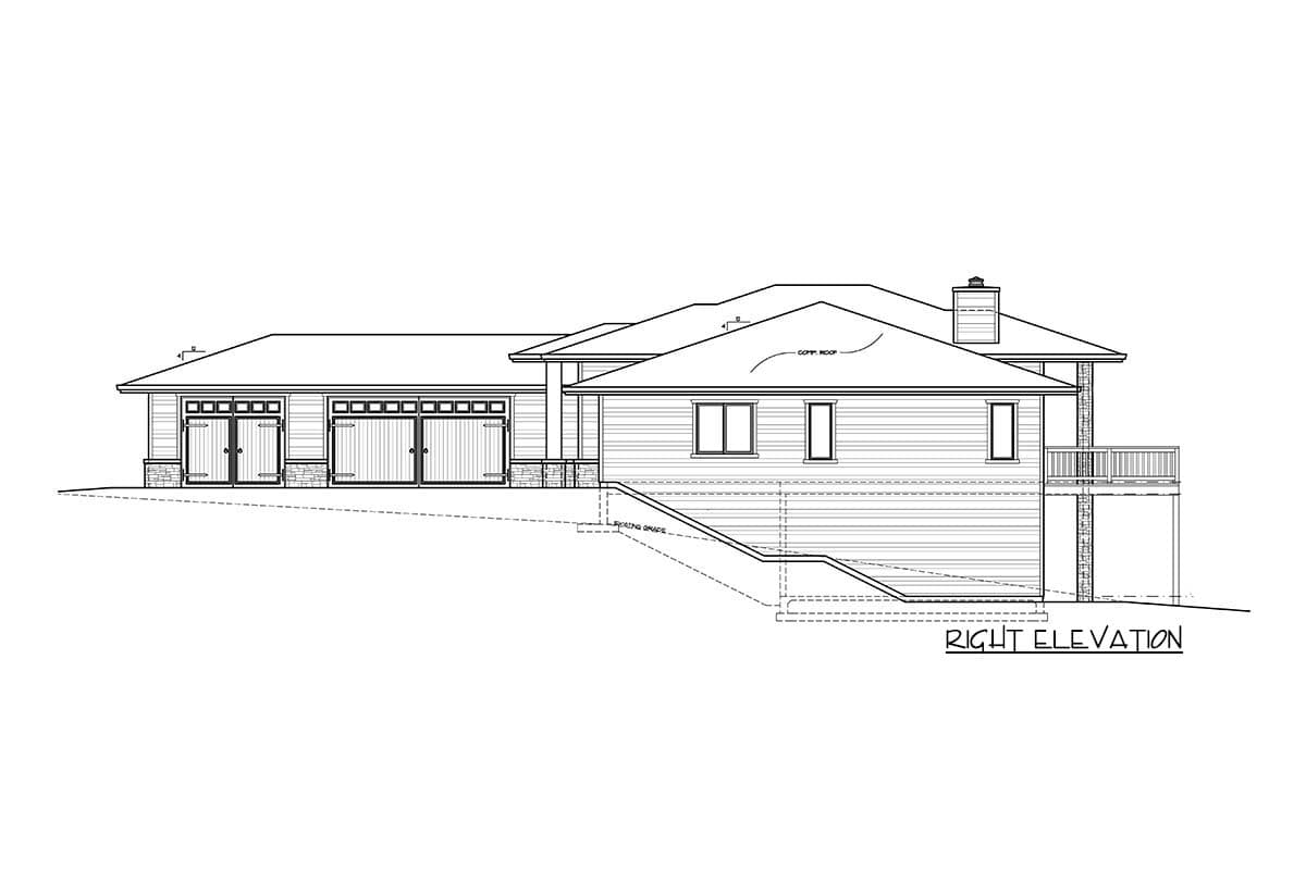 Right elevation drawing of a house plan showing a three-car garage, multiple rooflines, and a deck.