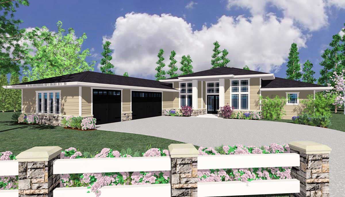 House plan exterior with two-car garage, flat roof, and large windows. The house has a contemporary style with a stone and white fence.