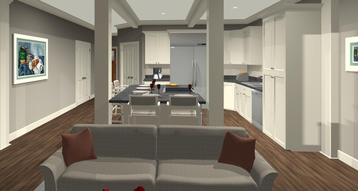 Rendering of open-plan living space showing kitchen with island, great room with sofa, and dining area.