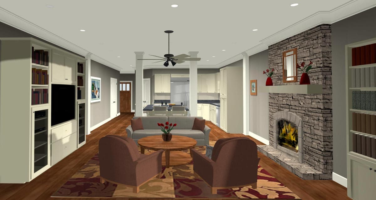 Open concept living space with stone fireplace, built-in entertainment center, kitchen island, and dining area.