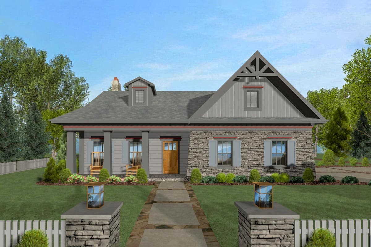 House plan exterior with stone veneer, gabled roof, and covered front porch with columns. Features a dormer and decorative gable trim.