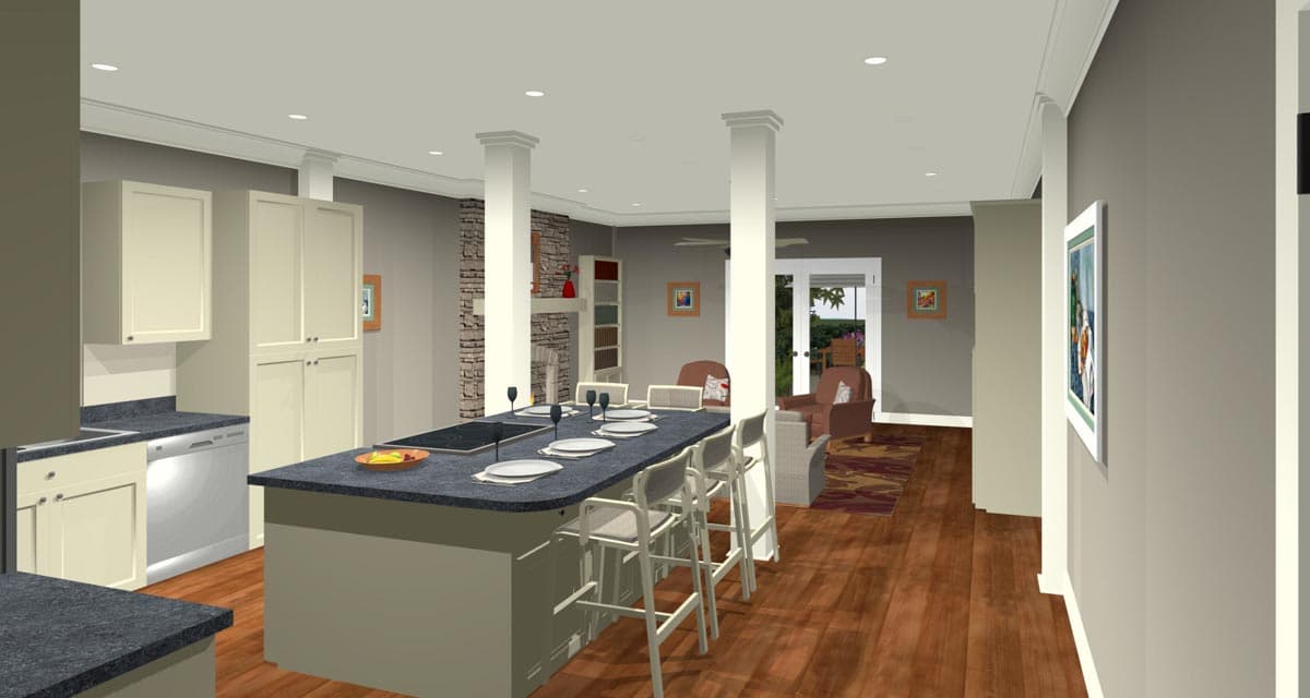 Kitchen and great room with island seating, stone fireplace, and double doors to backyard.