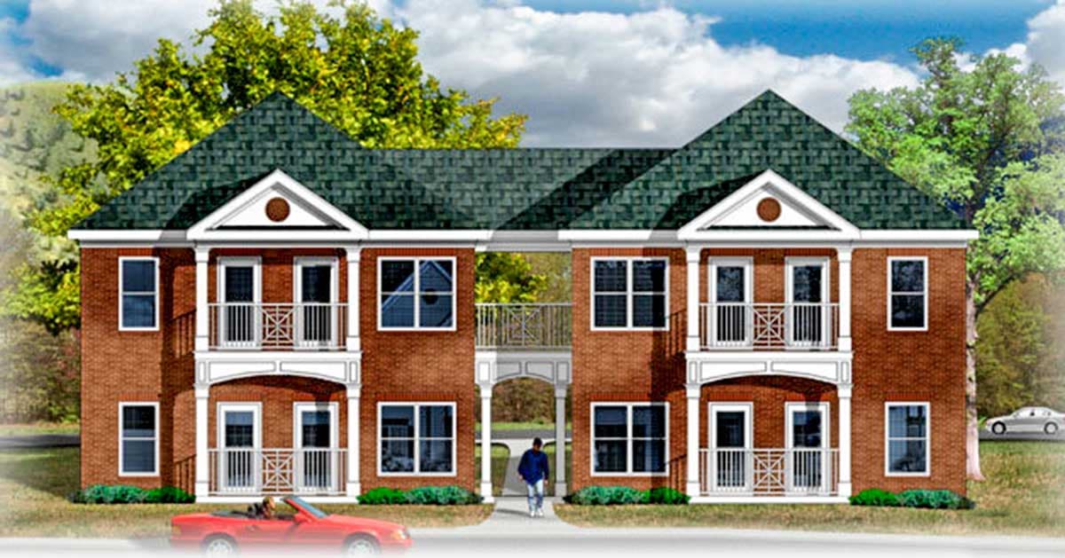 House plan exterior. Two-story building in brick with balcony, gabled roof, and triangular pediments. A covered walkway connects the two sections.