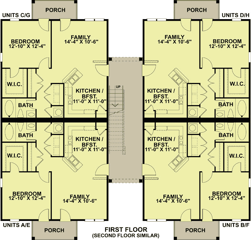 Plan 83130DC: 8 Unit Traditional Apartment Dwelling - 741 Sq Ft 1 Bedroom Units - Floor Plan - Main Level - Traditional