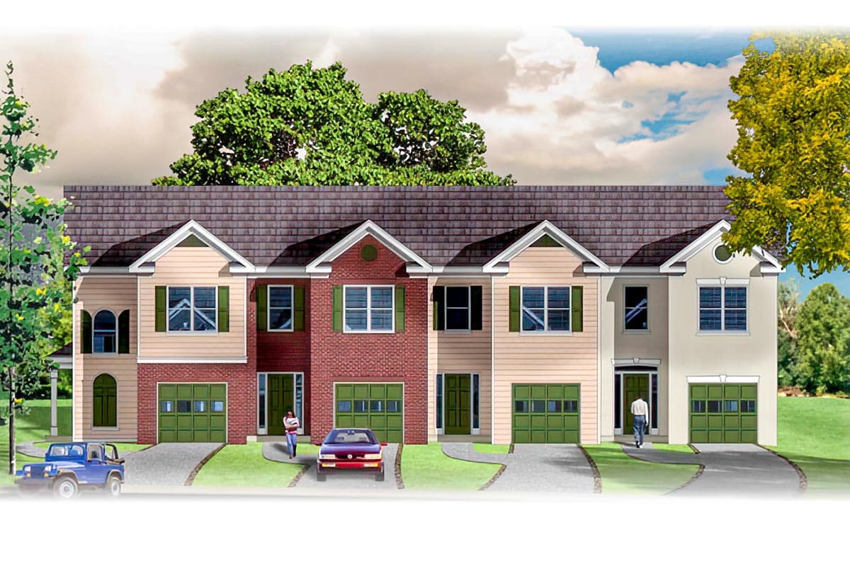 House plan exterior. Two-story row houses with gabled roofs, brick and siding exteriors, and attached garages. Green shutters and doors visible.