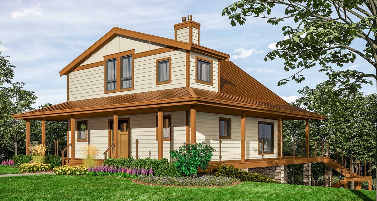 House plan exterior. Two-story with a wrap-around porch, gables, and a chimney. Metal roof and exposed rafter tails.