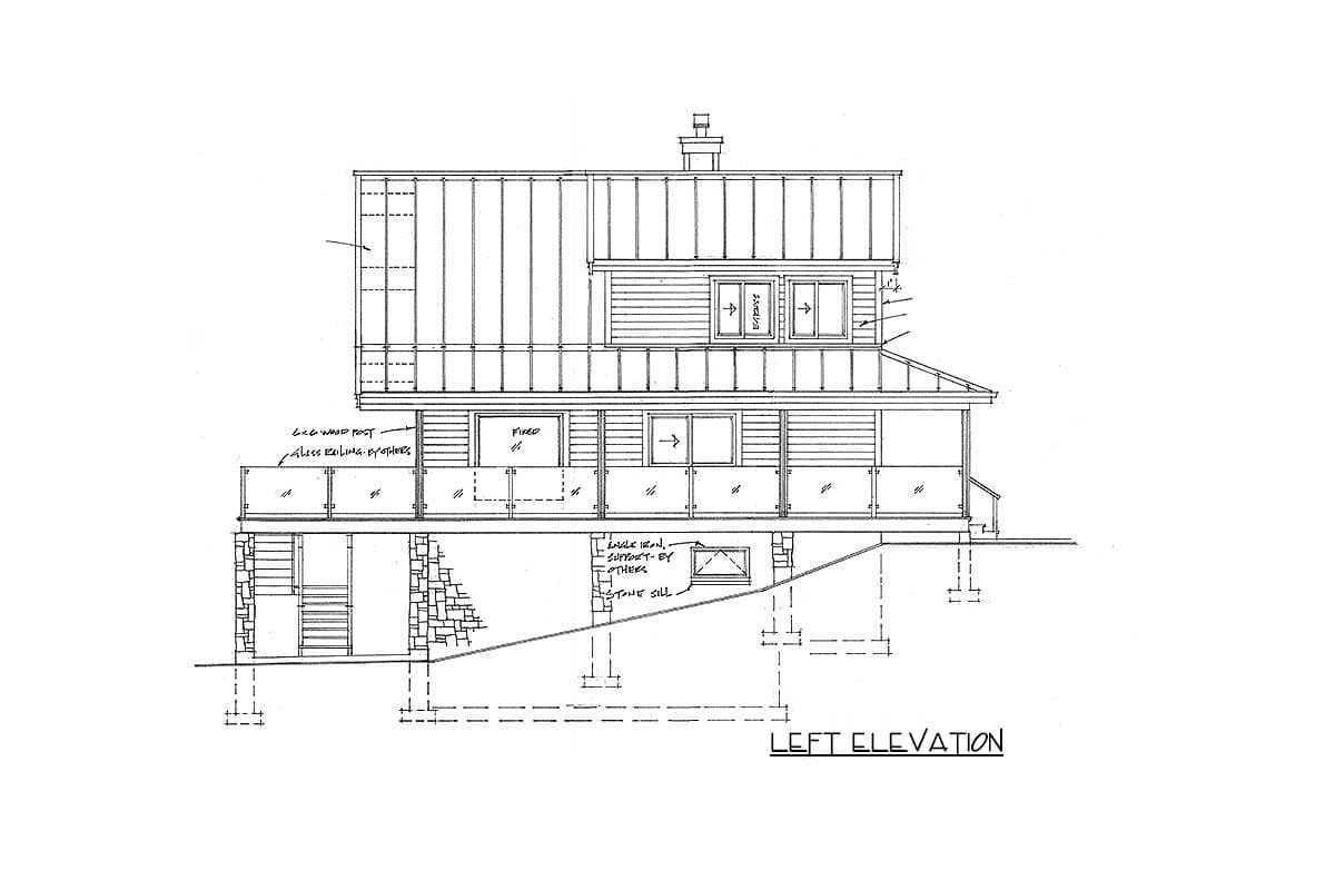 Left elevation drawing of a two-story house with a metal roof, horizontal siding, glass railings, and stone foundation.