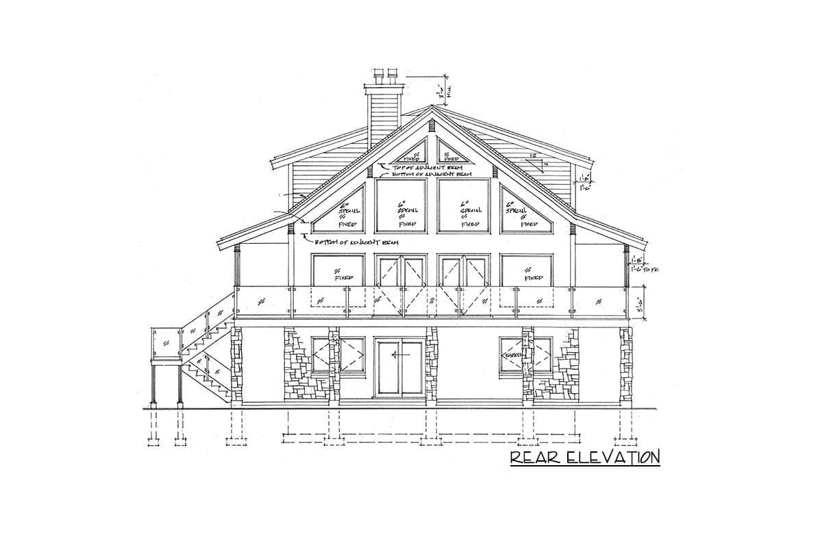 Rear elevation of a house plan showing a stone-clad lower level, balcony, and steeply pitched roof with multiple gables and windows.
