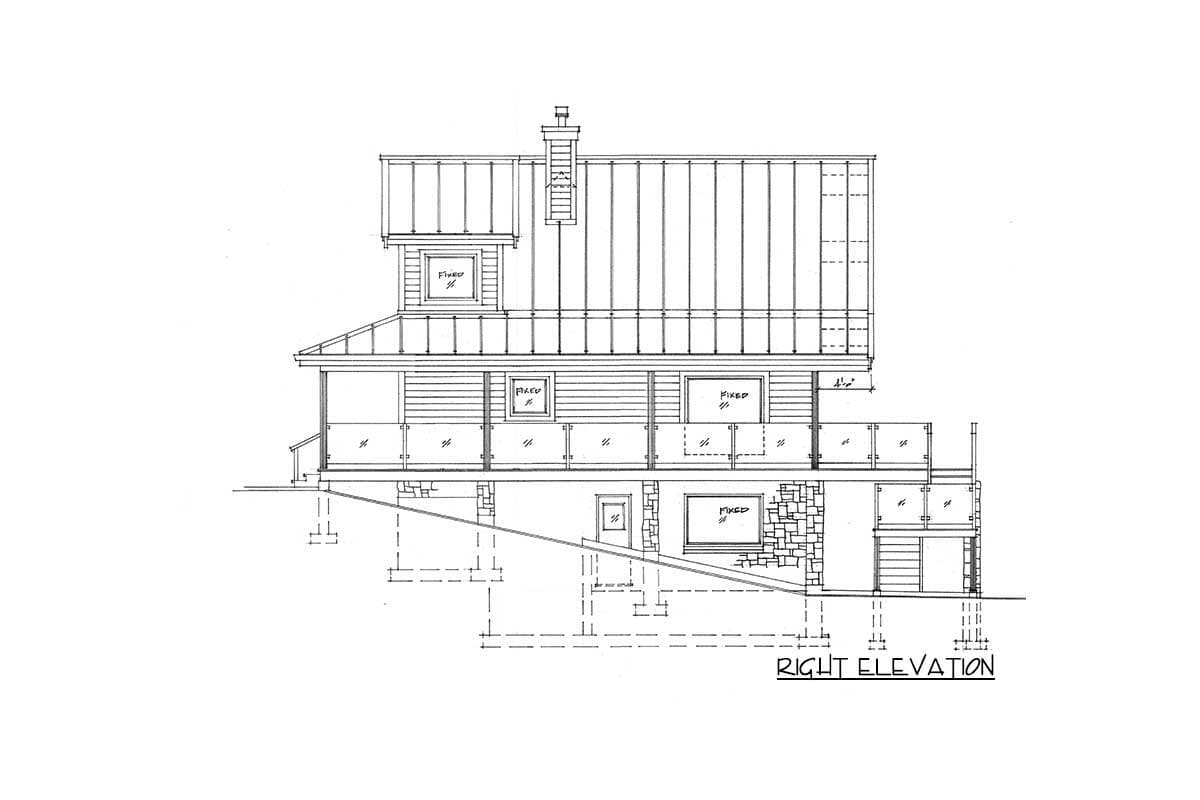 Architectural drawing showing the right elevation of a house plan with a metal roof, dormer, porch, and stone foundation.