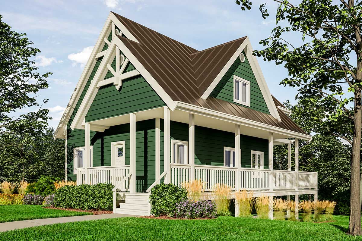 House plan exterior featuring a Craftsman style. The one-story home has a wraparound porch, gable roof, and decorative truss details.