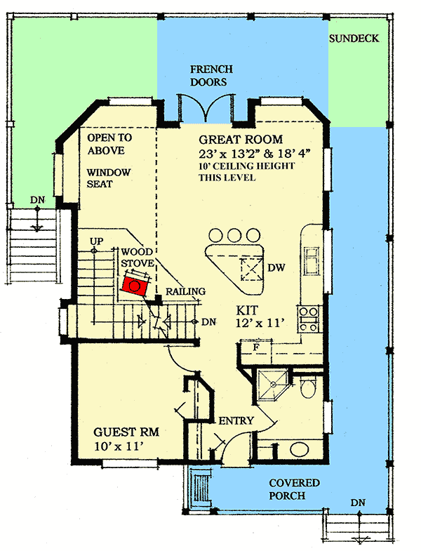 Plan 9843SW: 3-Bed Cottage Escape with Upstairs Master Balcony - Floor Plan - Main Level - Cabin, Cottage, Country, Mountain, Rustic, Vacation