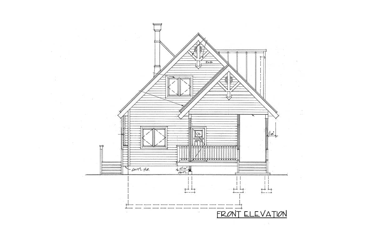 Front elevation house plan with a prominent gable, shed dormer, porch, and chimney.