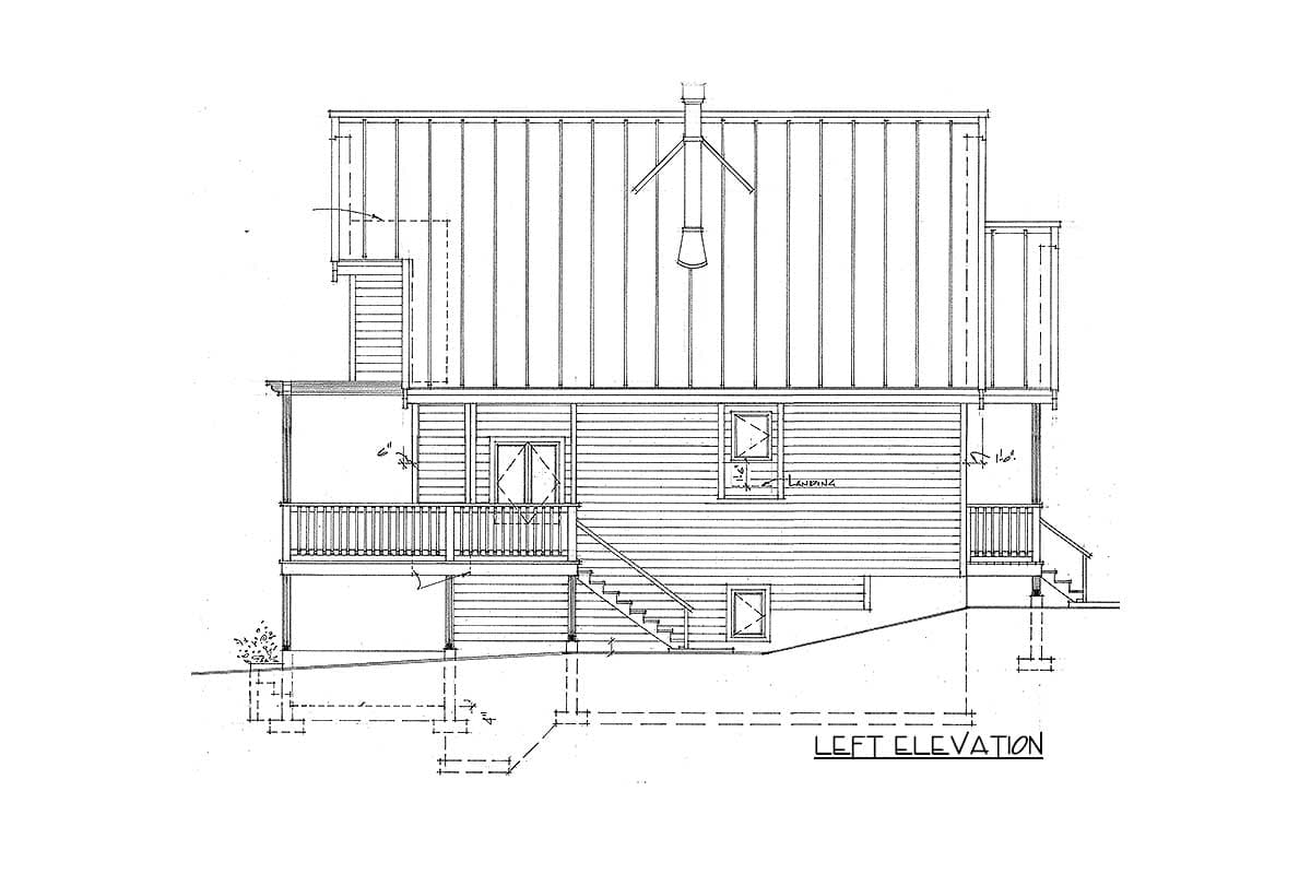 Left elevation house plan drawing shows a two-story structure with a metal roof, porch, stairs, and chimney.
