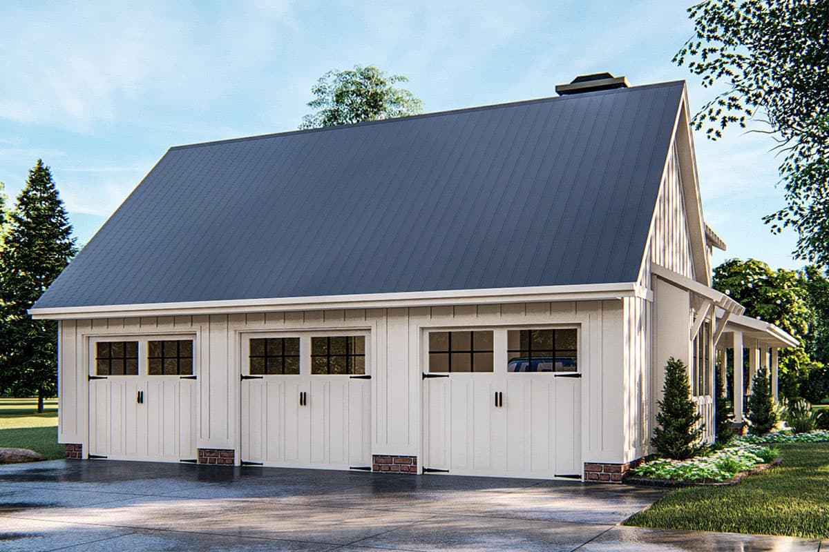 Modern Farmhouse style house plan exterior with three garage bays, board and batten siding, metal roof, and covered porch.