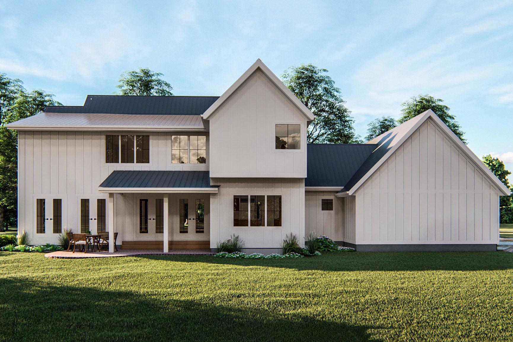 Modern Farmhouse house plan exterior with two stories, board and batten siding, gables, and a covered porch.