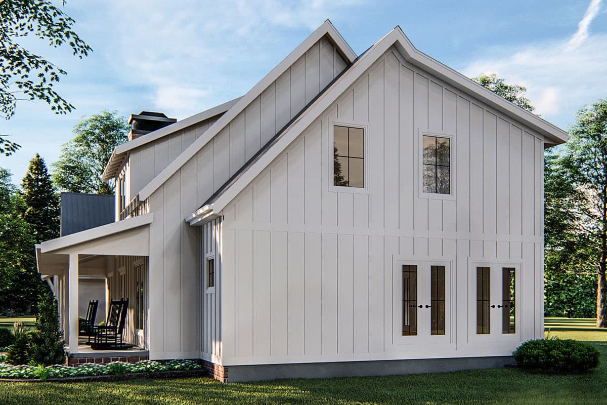 Modern Farmhouse house plan exterior with vertical siding, gabled rooflines, a covered porch, and double French doors.