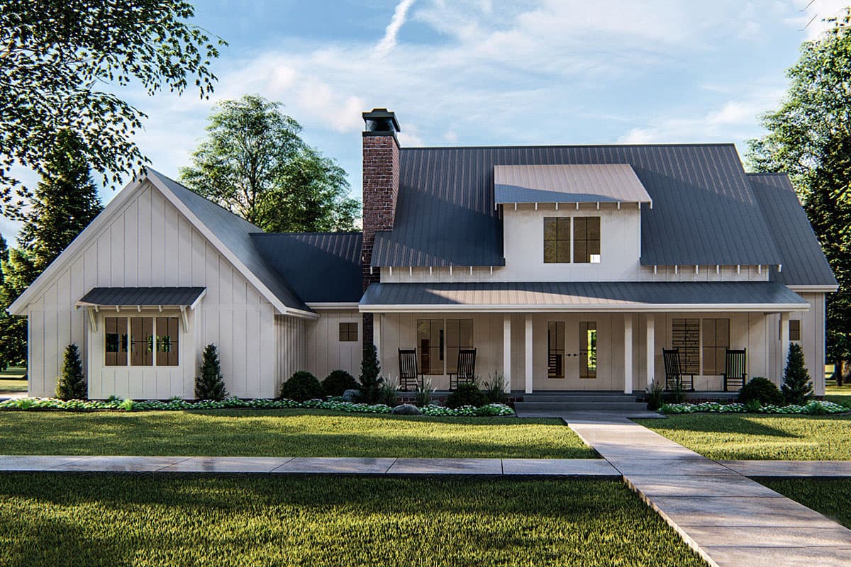 House plan exterior featuring a two-story Modern Farmhouse design. Includes a covered porch, gabled roof, and dormer windows. Brick chimney visible.
