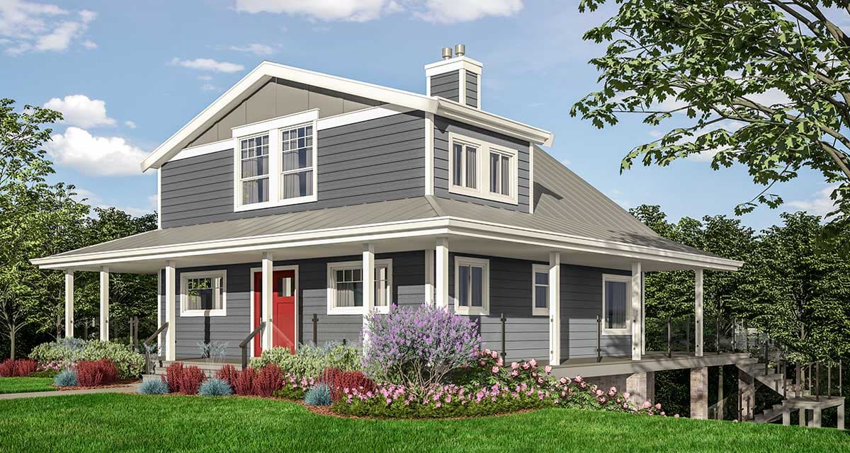 House plan exterior with two stories. Features include a wraparound porch, gabled roof, and dormer windows. Siding is dark gray.