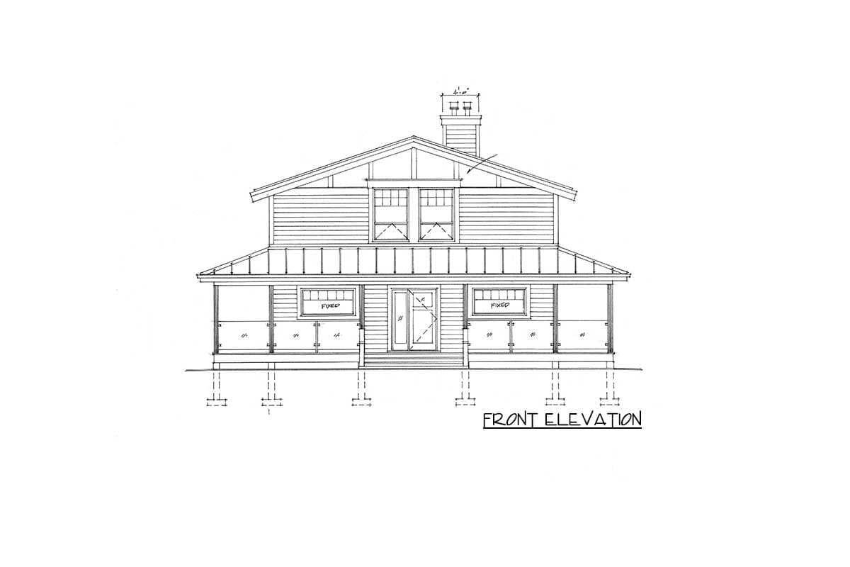 Front elevation drawing of a two-story house plan with a gabled roof, porch, and chimney.