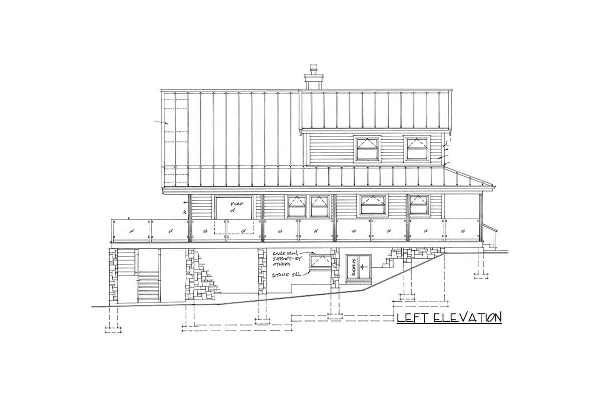 Left elevation house plan drawing with two stories, siding, metal roof, deck with glass railing, and stone foundation details.