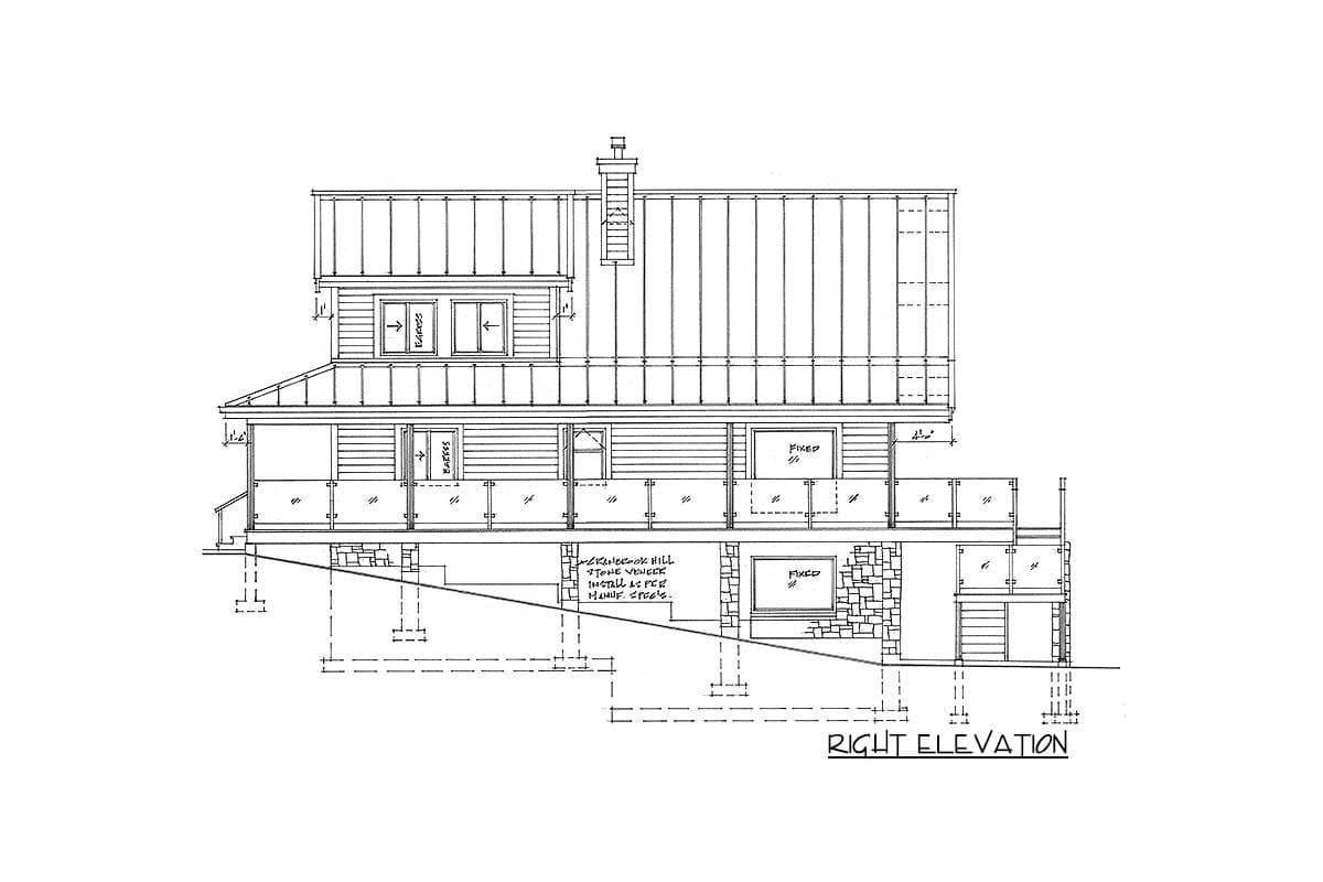 Right elevation architectural drawing of a two-story house with a wraparound porch, metal roof, and stone veneer.