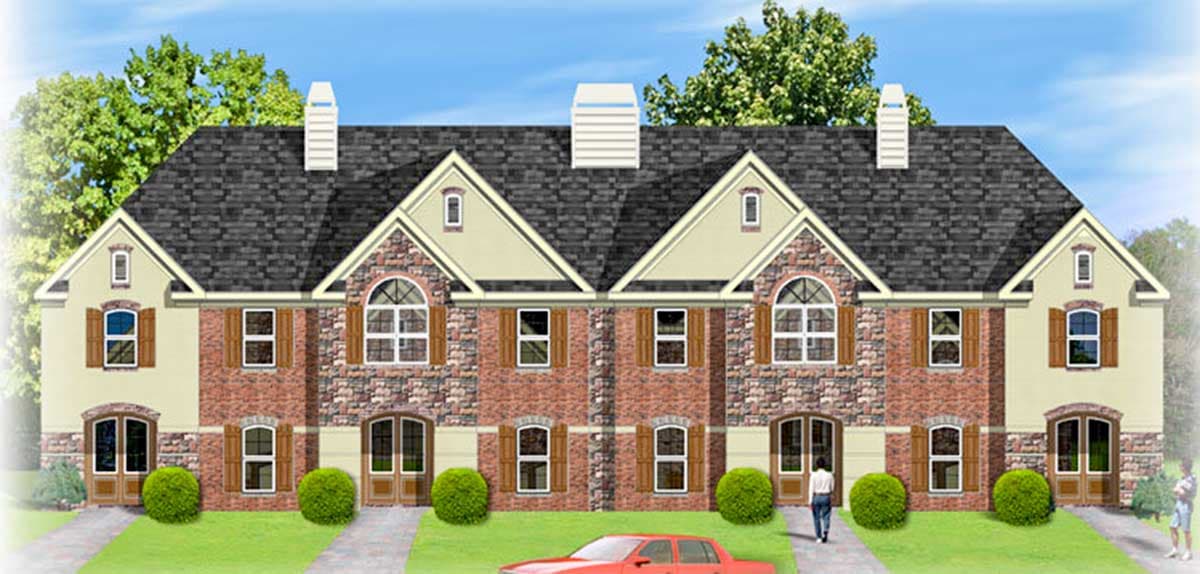 House plan exterior. Two-story townhouse with gables, arched windows, shutters, brick and stucco facade, and multiple chimneys.