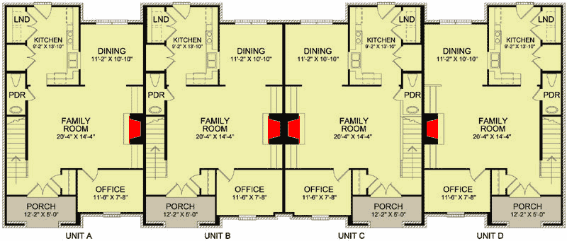 Plan 83134DC: Traditional Fourplex House Plan - 1668 Sq Ft 3 Bed Units - Floor Plan - Main Level - European, Traditional