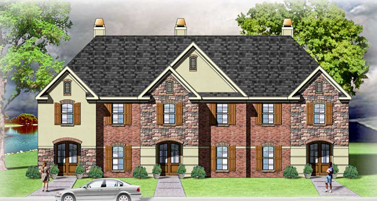 House plan exterior. Two-story, featuring a steeply pitched roof, brick and stone facade, arched entryway, and multiple gables.