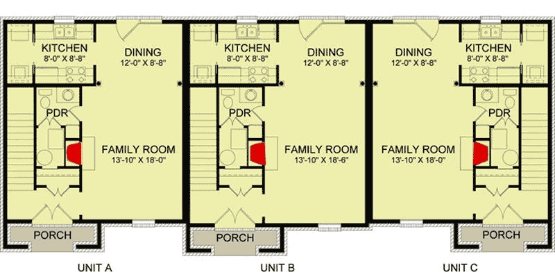 Plan 83135DC: Traditional Triplex House Plan - 1323 Sq Ft 2 Bedroom Units - Floor Plan - Main Level - Traditional