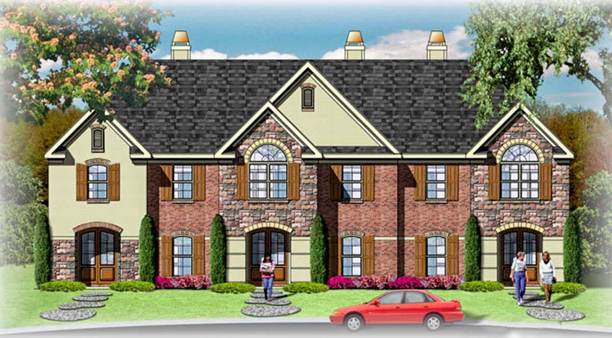 House plan exterior with stone and brick facade, arched windows and entries, multiple gables, and decorative shutters; two-story.