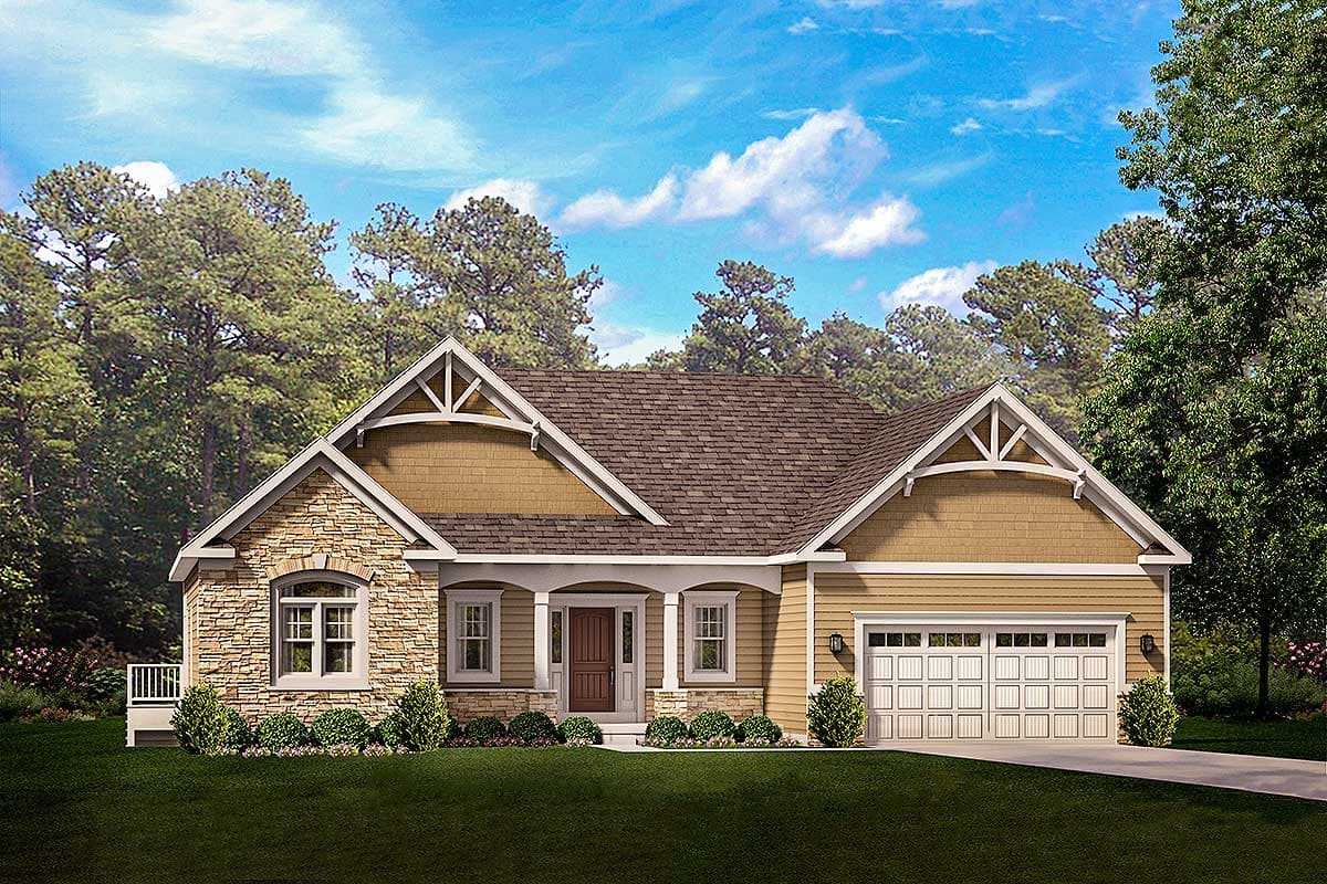 House plan exterior in Craftsman style. Features include a front porch with columns, gables with decorative brackets, and an attached garage.