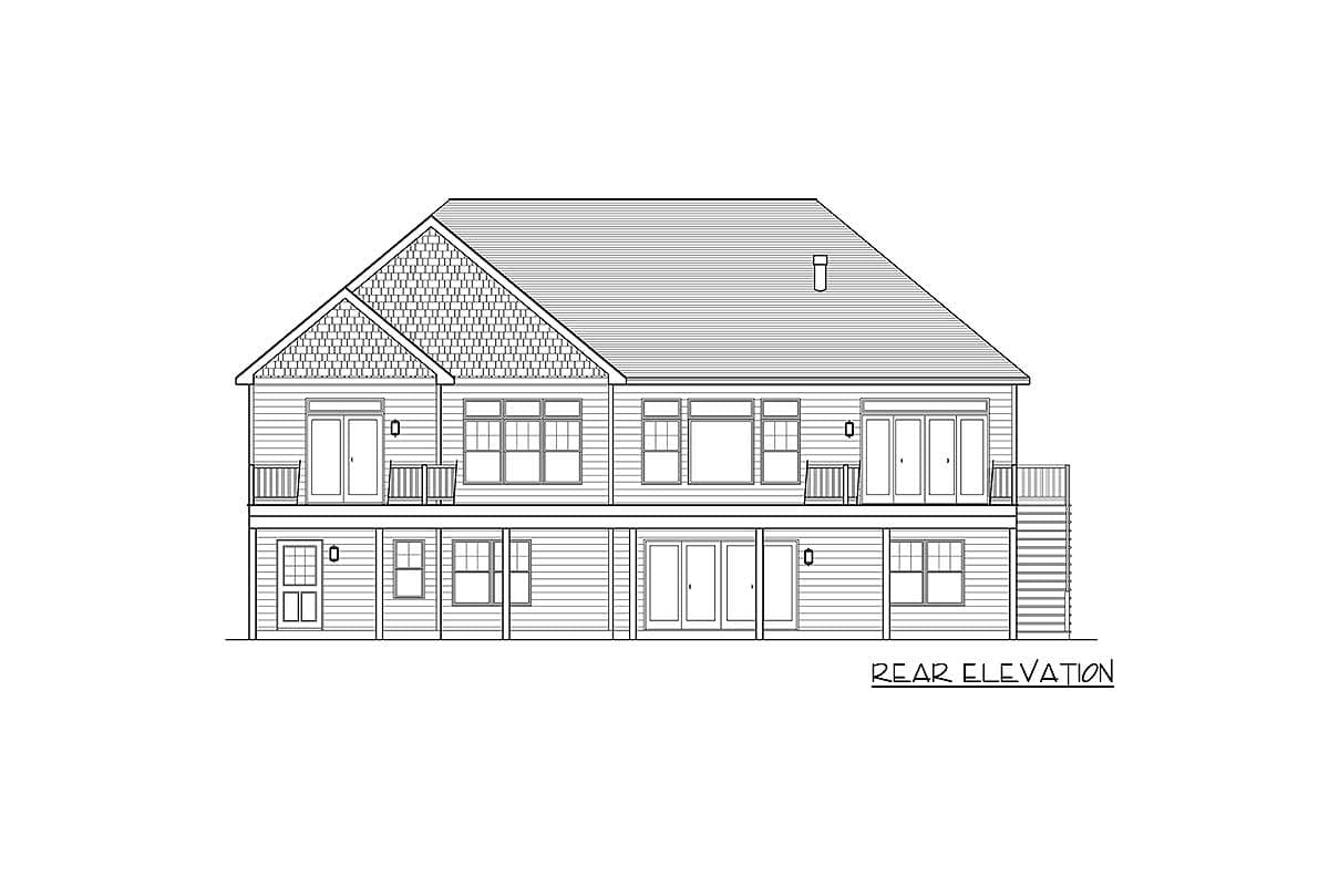 Rear elevation drawing of a two-story house with multiple windows, doors, and balconies.