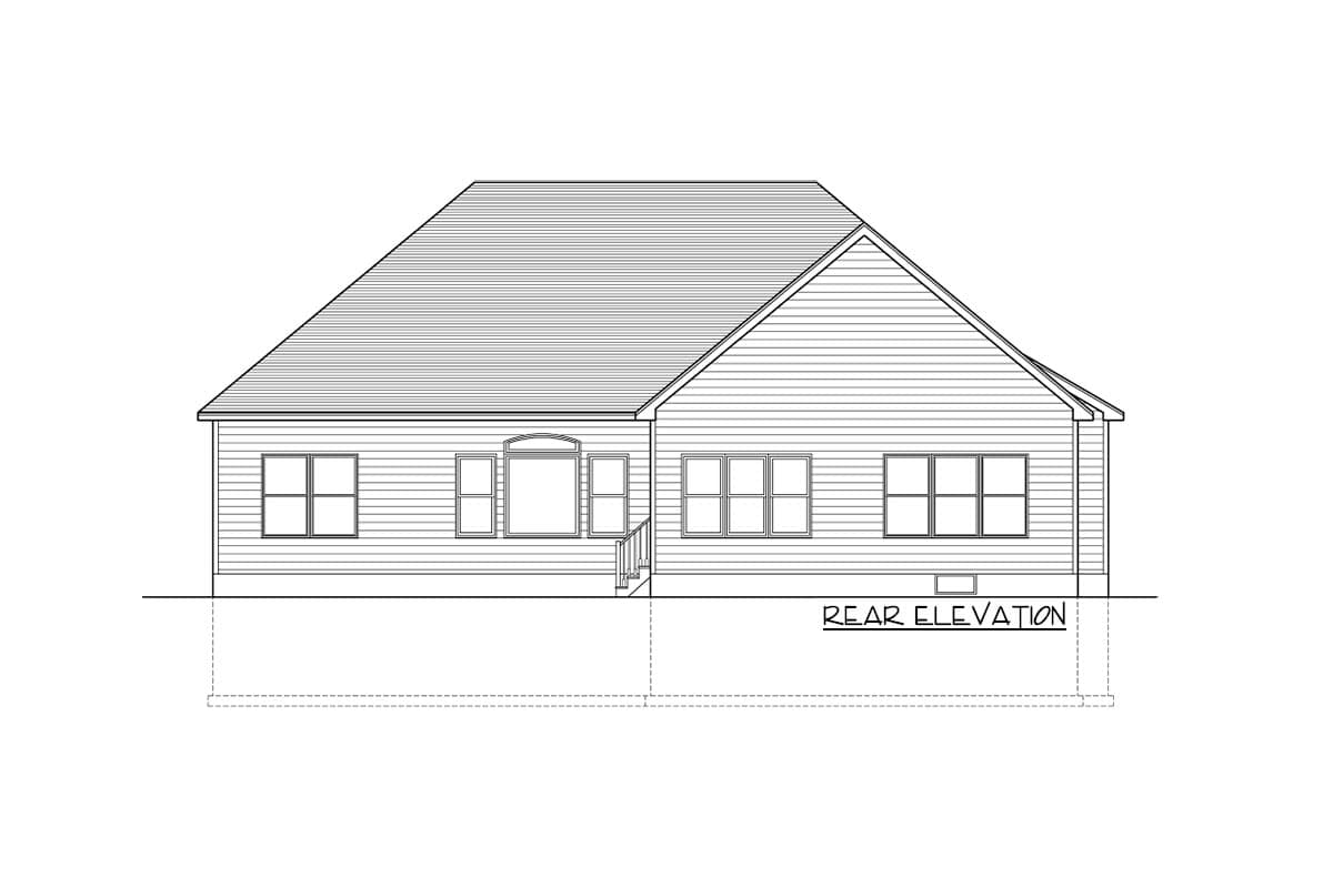 Rear elevation drawing of a single-story house with horizontal siding, a large gable roof, and multiple windows.