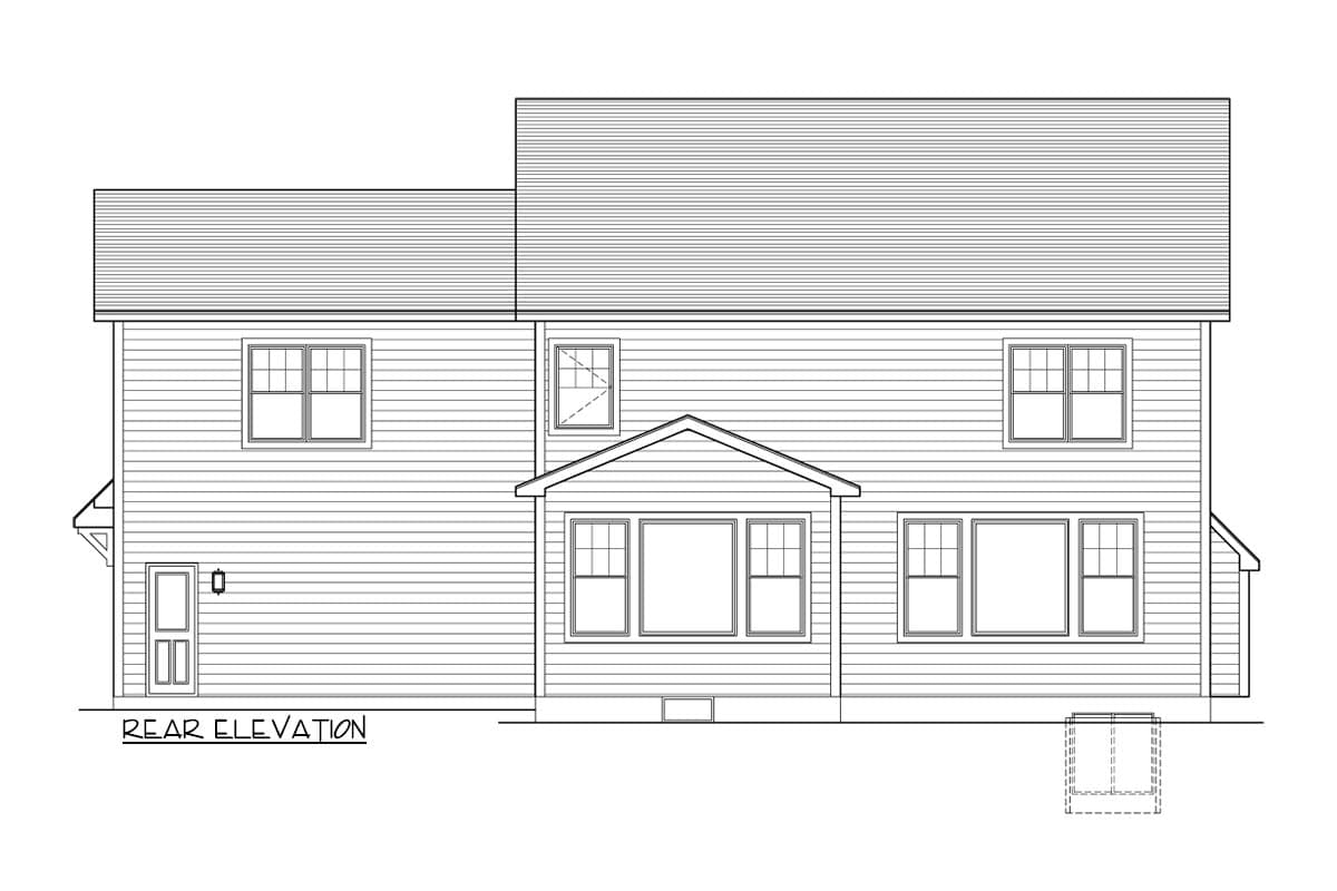 Rear elevation drawing of a two-story house with horizontal siding, multiple windows, a gabled roof over a central section, and a basement entrance.
