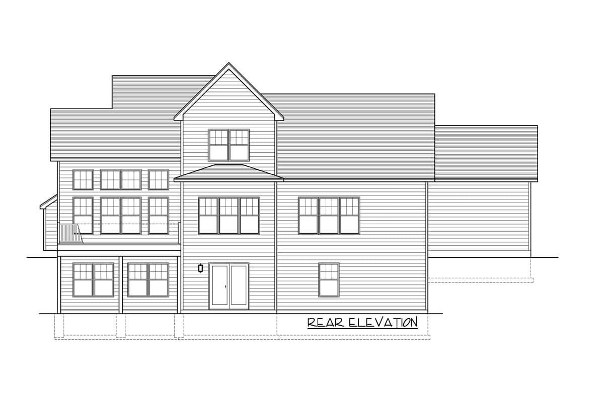 Rear elevation house plan drawing showing a multi-story house with gables, dormers, a deck, and numerous windows.