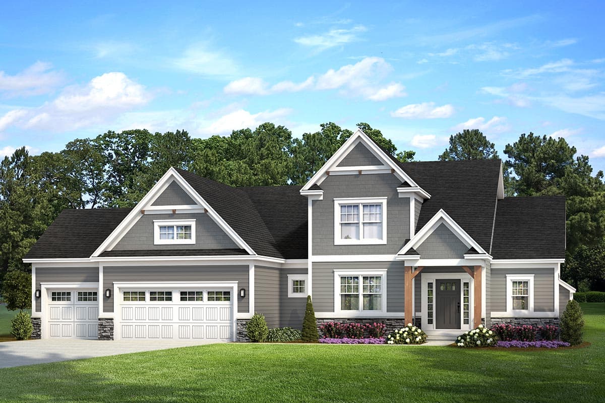 House plan exterior featuring Craftsman style, two stories, gable roof, front porch with columns, and attached garage.
