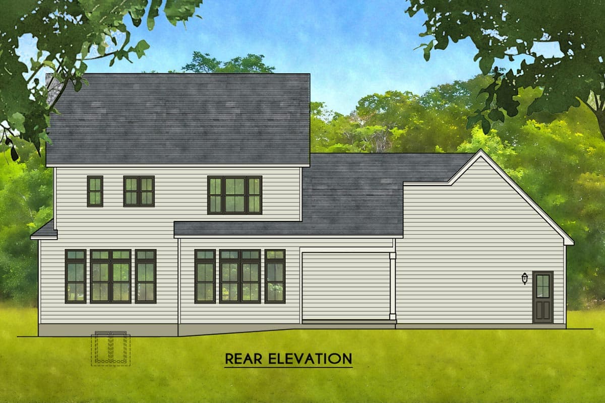 Rear elevation of a two-story house plan featuring various window arrangements, a gable roofline, and a single-door entrance.