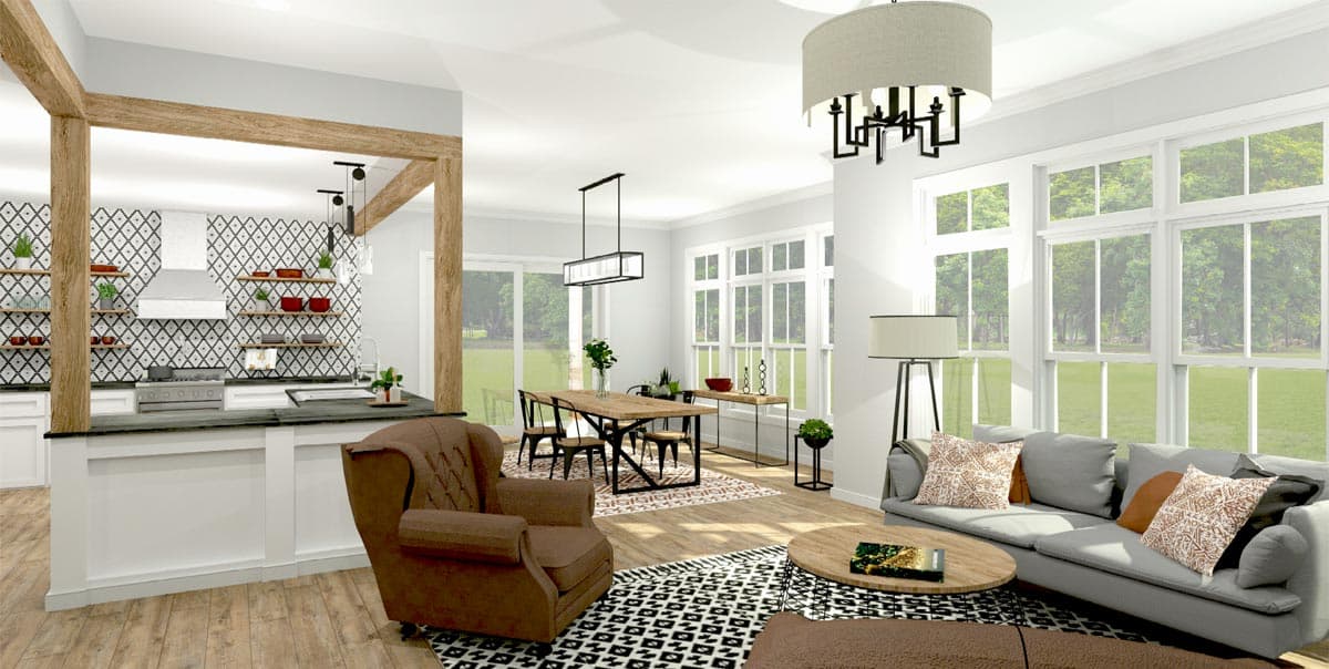 Open concept living space featuring a kitchen with patterned backsplash, dining area with wood table, and living room with large windows.