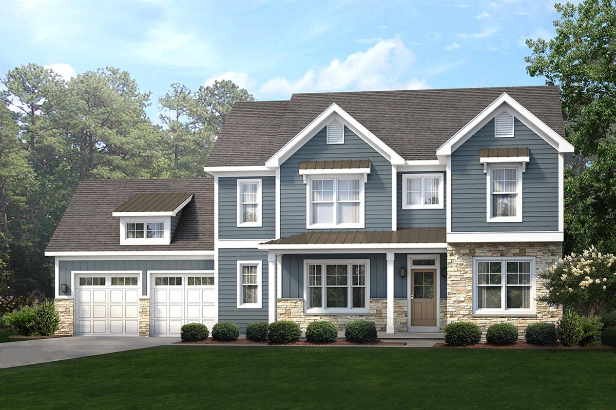 House plan exterior. Two-story Colonial-style home with gabled roof, covered porch, and attached garage. Stone veneer at the base.