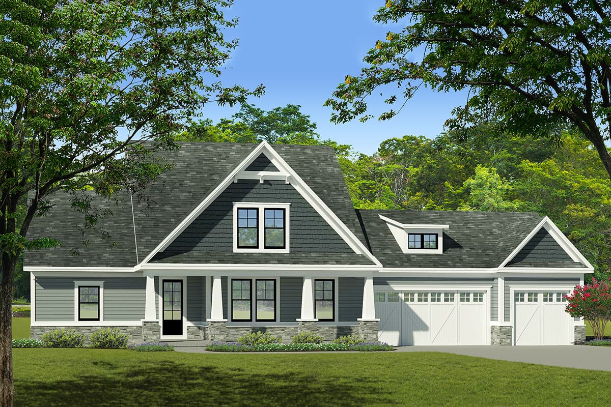 House plan exterior: Ranch style with covered front porch, stone accents, gable dormers, and a three-car garage.