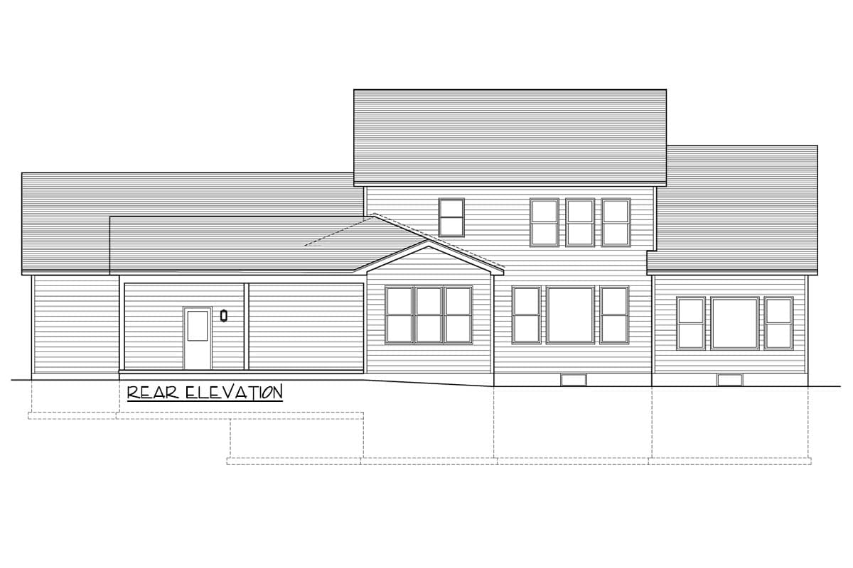 Rear elevation drawing of a two-story house plan with a covered porch, multiple windows, and gabled roof sections.