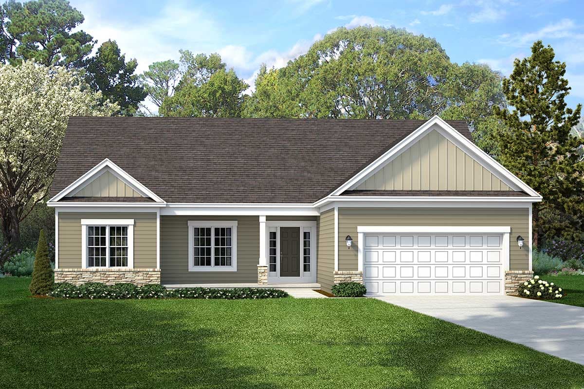 House plan exterior featuring a one-story, Craftsman-style home with gabled roof, front porch, and attached two-car garage.