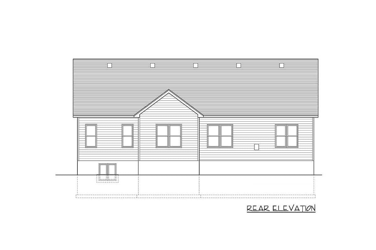 Rear elevation drawing of a house plan with horizontal siding, a gable roof, and several windows.